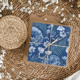 Moderne Stof Blauwe Wilde Bloem Patroon Inpakpapier Vel