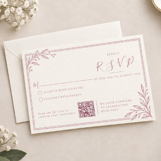 Moderne Stof Rose Bladeren Rand QR Code Bruiloft RSVP Kaartje