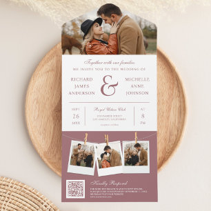 Moderne Stof Roze Ampersand Foto QR Code Trouwen All In One Uitnodiging