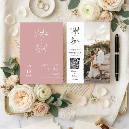 Moderne Stof Roze Boho Trouwfoto QR Code RSVP Kaart