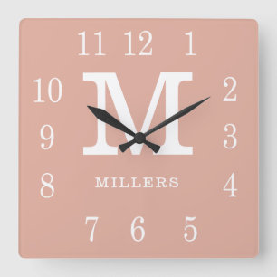 Moderne Stof Roze En Witte Familienaam Monogram Vierkante Klok