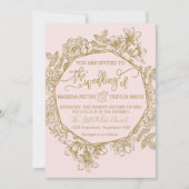 Moderne Stof Roze & Gouden Roze Bloemige Bruiloft Kaart (Voorkant)