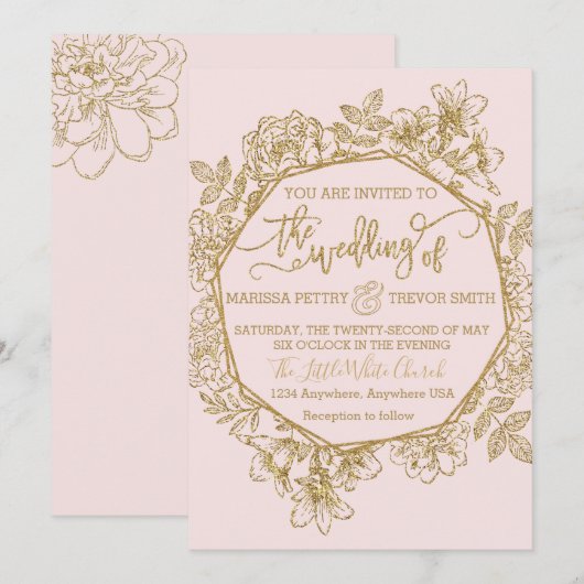 Moderne Stof Roze & Gouden Roze Bloemige Bruiloft Kaart (Voorkant / Achterkant)