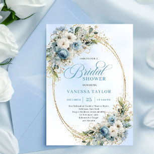 Moderne Stofblauwe Bloemen Gouden Lijst Bruiloftsd Kaart