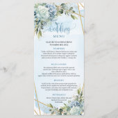 Moderne Stofblauwe Bloemen Witte Gouden Trouw Menu (Voorkant)