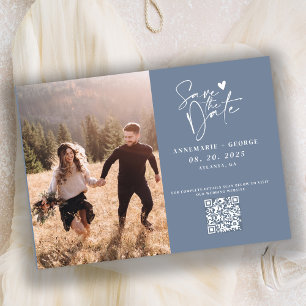 Moderne Stofblauwe Calligrafie Foto QR Code Save The Date