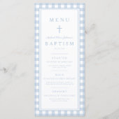 Moderne Stofblauwe Gingham Jongensdoop Menu (Voorkant)