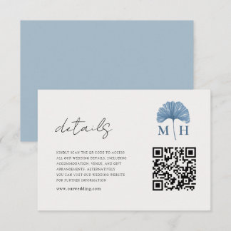 Moderne Stofblauwe Monogram QR-code Huwelijksdetai Informatiekaartje
