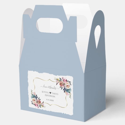 Moderne Stofblauwe Roze Bloemen Gouden Bruiloft Bedankdoosjes (Geopend)