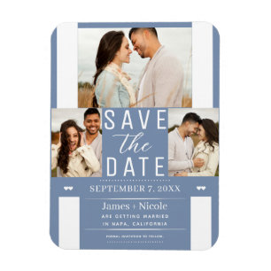 Moderne Stofblauwe Save the Date Huwelijksfotomagn Magneet