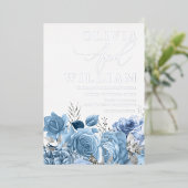 Moderne Stofblauwe & Zilveren Bloemige Bruiloft Folie Uitnodiging (Staand Voorkant)