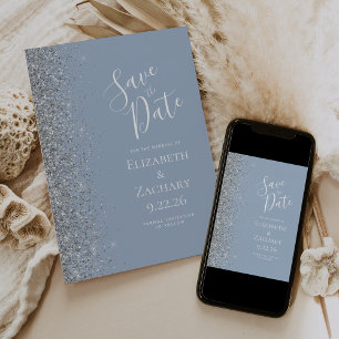 Moderne Stofblauwe Zilveren Glitter Save the Date Aankondiging