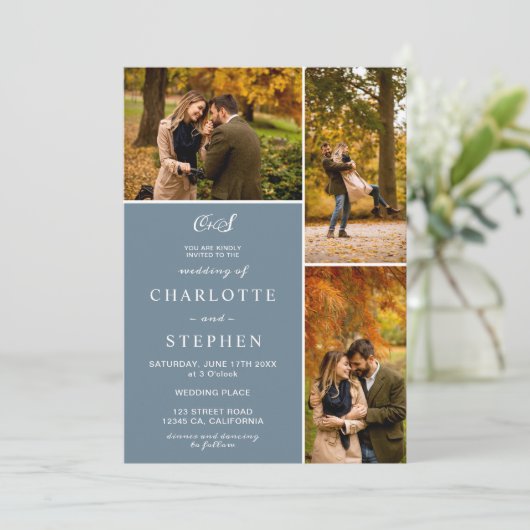 Moderne, stoffige blauwe initialen 4 foto's grid b kaart (Staand voorkant)