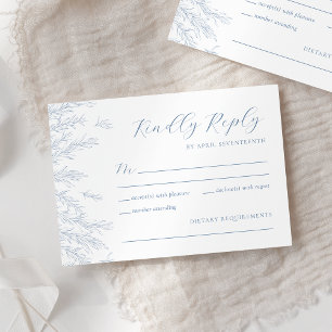 Moderne stoffige blauwe minimale bladeren bruiloft RSVP kaartje