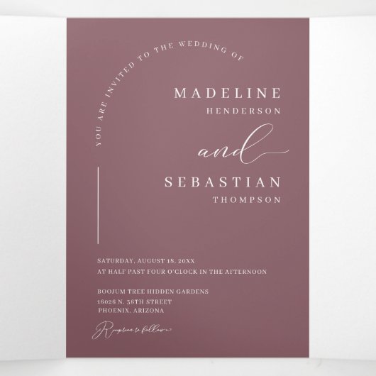 Moderne stoffige Paarse boog foto QR code bruiloft Drieluik Uitnodiging (Binnenkant midden)