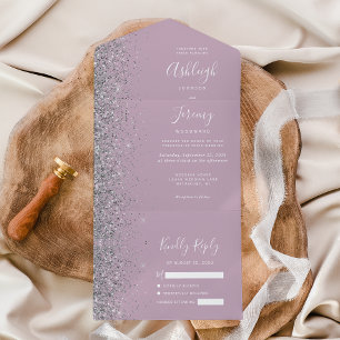 Moderne stoffige Paarse Lila zilveren glitter brui All In One Uitnodiging