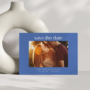 Moderne Stout Blauwe en Witte Foto Bruiloft Zomer Save The Date
