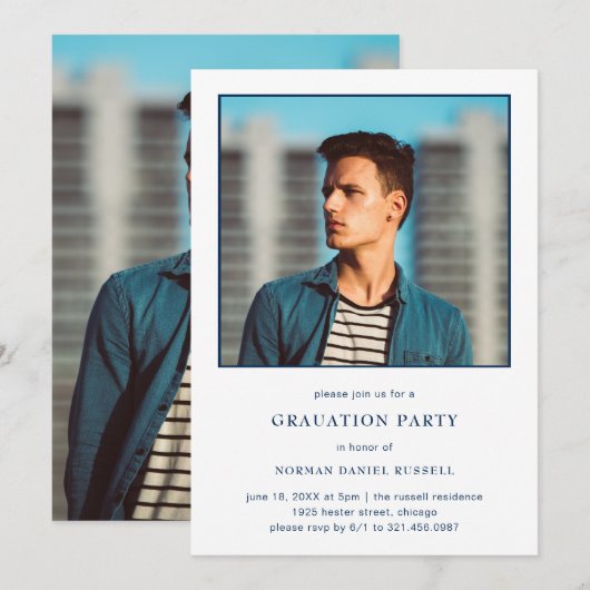 Moderne Stout Navy Blauwe Witte Foto Afstudeerfees Kaart (Voorkant / Achterkant)