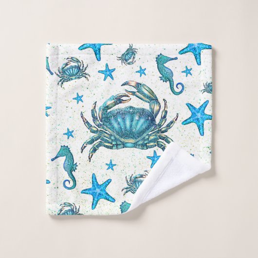 Moderne Strand Blauwe Krab Zeester Zeepaardje Glan Bad Handdoek (Wasdoekje)
