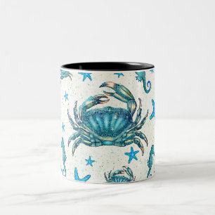 Moderne Strand Blauwe Krab Zeester Zeepaardje Glan Tweekleurige Koffiemok