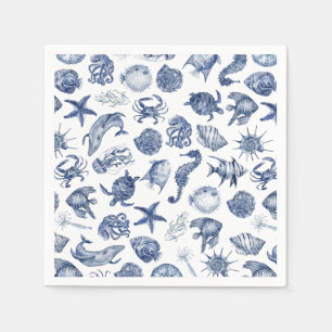 Moderne strand kust waterverf trouw blauw servet