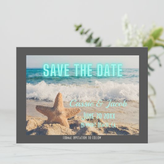 Moderne strand Scene & Neon sparen de Datum Save The Date (Staand voorkant)