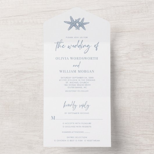 Moderne Strand Zeester Bruiloft Stoffig Blauw All In One Uitnodiging (Binnen)