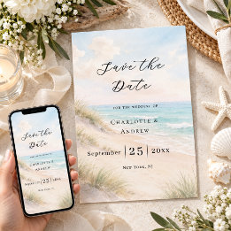 Moderne strandtrouw save the date