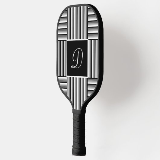 Moderne strepen in zwart, wit en grijs - Monogram Pickleball Paddle (Links)