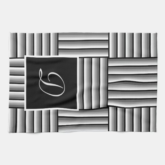 Moderne strepen in zwart, wit en grijs - Monogram Theedoek (Horizontaal)
