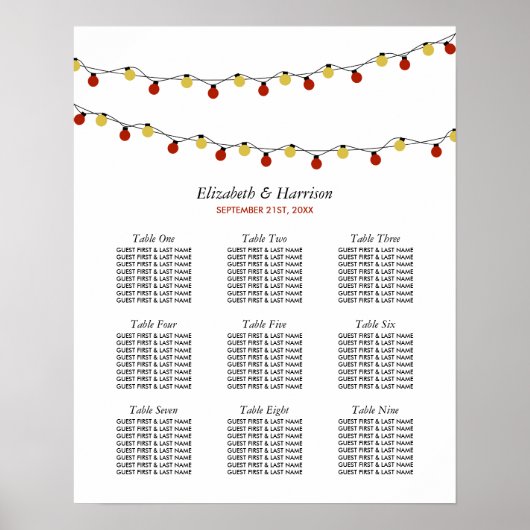 Moderne String Lights, Red & Gold Seating Chart Poster (Voorkant)
