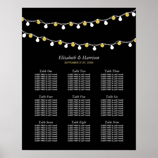 Moderne String Lights, White & Gold Seating Chart Poster (Voorkant)
