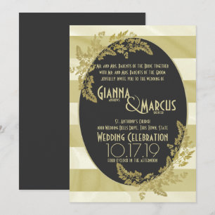 Moderne Stripe en Golden Leaf Wedding Kaart