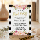 Moderne Stripes Floral Gold Script Graduparty Kaart