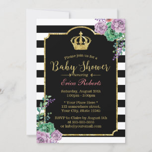Moderne Stripes Gold Crown Floral Baby shower Kaart