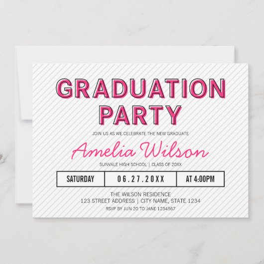 Moderne Stripes Roze Graduation Party Kaart (Voorkant)