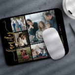 Moderne style 6 photo collage famille calligraphie<br><div class="desc">Élégant script de calligraphie de famille moderne manuscrit avec six photos personnalisées noir or gardien photo modèle de pavé de souris.                 Veuillez noter que la couleur arrière - plan est modifiable. Vous pouvez remplacer le noir par n'importe quelle autre couleur après avoir sélectionné l'option PERSONNALISER.</div>
