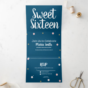 Moderne Sweet 16 Goud Roze Stippen Drieluik Uitnodiging