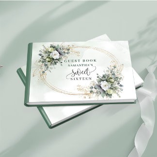Moderne Sweet 16 groene gouden eucalyptus bloemstu Gastenboek