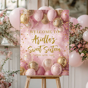 Moderne sweet 16 roze gouden ballonnen welkom poster