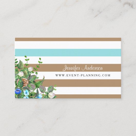Moderne Tan Floral Aqua Stripe Event Planner Visitekaartje (Voorkant)