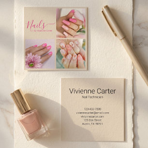 Moderne Tan Fuchsia Roze Script 3 Foto Nagel Salon Vierkante Visitekaartje
