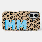 Moderne Tan Luipaardprint Blauwe Schaduw Monogram Case-Mate iPhone Case (Achterkant (horizontaal))