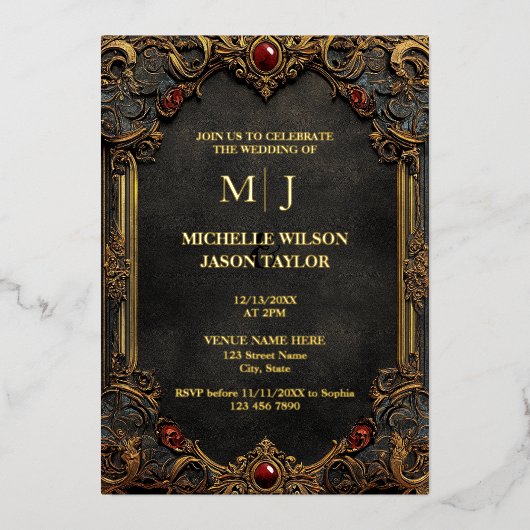 Moderne Tarot Gotische Zwart en Goud Monogram Folie Uitnodiging (Voorkant)