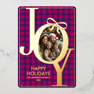 Moderne Tartan Plaid Kerst Roze Blauw Folie Feestdagenkaart