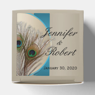 Moderne Taupe Aqua Peacock Feather Wedding Favor B Bedankdoosjes