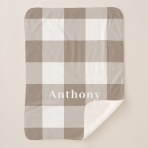 Moderne Taupe Gingham Patroon Monogram Naam Sherpa Deken