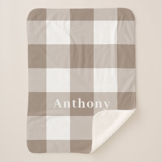 Moderne Taupe Gingham Patroon Monogram Naam Sherpa Deken (Voorkant)
