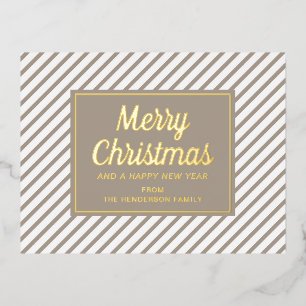 Moderne Taupe Stripes Vrolijk Kerstgoud Folie Feestdagen Briefkaart