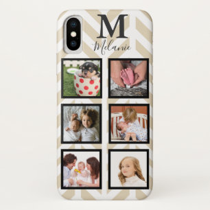 Moderne Taupe Witte visgraat 6 Foto & Monogram iPhone X Hoesje